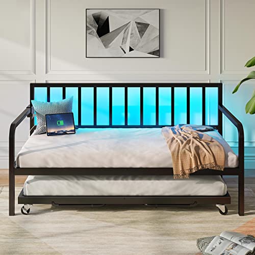 Rolanstar Daybed with Charging Station and LED Lights, Height Adjustable Twin Daybed with Trundle, Metal Sofa Bed Frame with Steel Slat Support for Living Room, Bedroom and Guest Room, Black