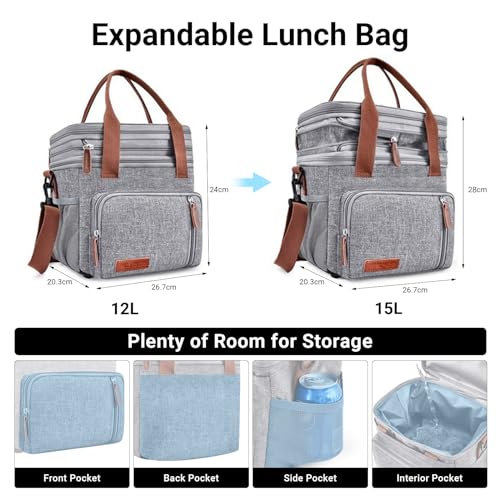 【Icepacks Included】LIWEGHT Expandable Large Lunch Bag 15L Double Deck Lunch Box Leakproof Cooler Bag for Men Women Adults Insulated Lunch Tote Bag with Shoulder Strap