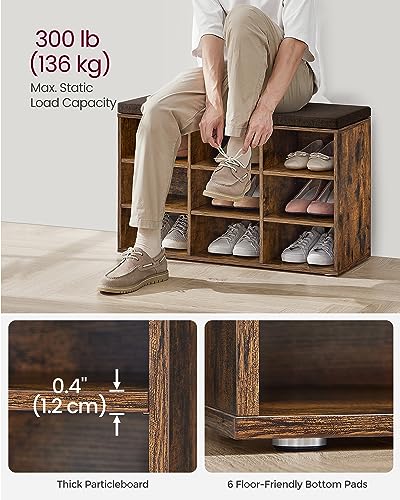 VASAGLE Shoe Bench with Cushion, Storage Bench with Padded Seat, Entryway Bench with 9 Compartments, Adjustable Shelves, for Bedroom, 11.9 x 30.9 x 18.9 Inches, Rustic Brown and Brown ULHS009B01