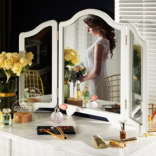 LUXFURNI Hollywood Large Vanity Trifold Makeup Mirror, 3 Side Folding Tabletop Mirror (White)