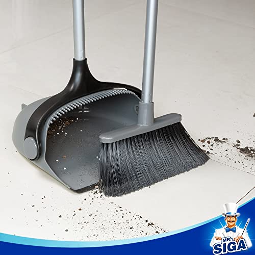 MR.SIGA Broom and Dustpan Set with Long Handle, Upright Broom and Dustpan Combo for Floor Cleaning, Lobby Broom with Adjustable Handle, Gray