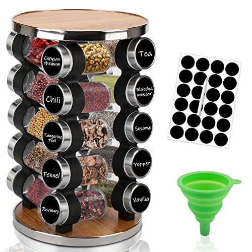 Rotating Spice Rack Organizer - Seasoning Organizer for Cabinet, Kitchen Countertop Revolving Spice Racks with Reusable Labels,Silicone Funnel and Mark Pen (20 Jars)