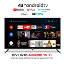 JVC 43 Inch Smart TV, 4K Ultra HD Android TV with Edgeless LED Display, Built-in Chromecast, Remote Control with Google Voice Assistant, Netflix, Disney Plus, Prime Video + 10000 Apps (AV-H437115A11)