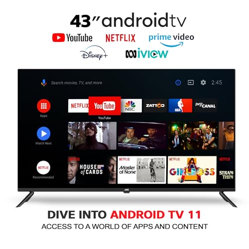 JVC 43 Inch Smart TV, 4K Ultra HD Android TV with Edgeless LED Display, Built-in Chromecast, Remote Control with Google Voice Assistant, Netflix, Disney Plus, Prime Video + 10000 Apps (AV-H437115A11)