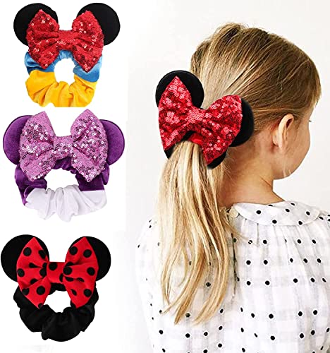 3Pcs Mouse Ear Sequins Scrunchies,Mouse Ears Hair Scrunchies Velvet Sparkle Sequin Hair Ties Elastic Hair Bands Ropes Ponytail Holder Bow,Mouse Ears Velvet Scrunchies Bows Hair Bands Hair Ties
