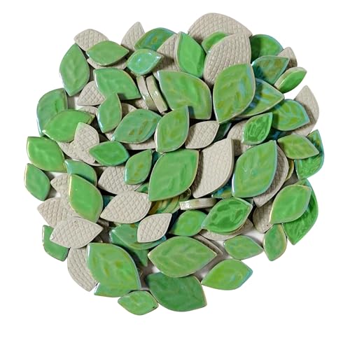 1.1LB Random Iridescent Leaves Ceramics Mosaic Tiles, Making Creative 3 Size Ceramic Mosaic Pieces for DIY Craft,Flowerpots, Vases, Cups, Garden Decor Mosaic Making Supplies (Green)