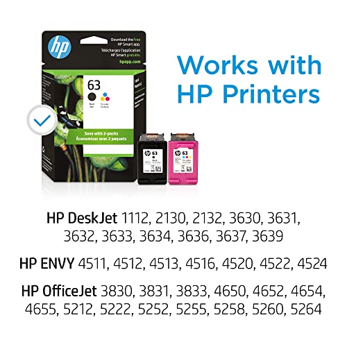 HP 63 Black & Tri-Color Original Ink Cartridges, 2 Cartridges (L0R46AN)