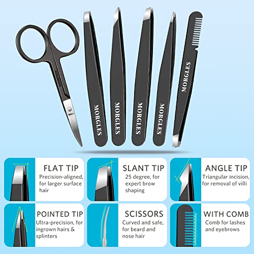 Tweezers Set and Nail Clippers, Tweezers Set for Men, MORGLES 9PCS Professional Stainless Steel Tweezers No Gaps with Leather Travel Case