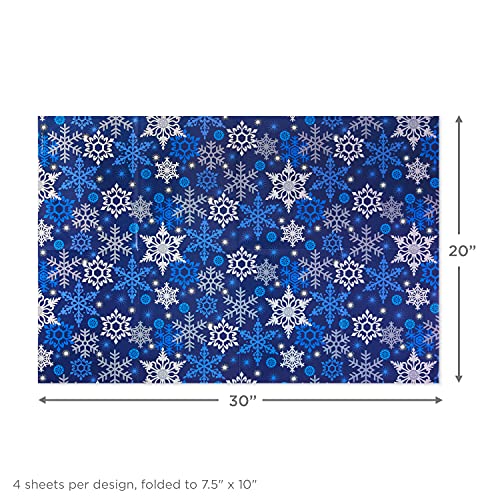 Hallmark Flat Christmas Wrapping Paper Sheets with Cutlines on Reverse and Gift Tag Seals (12 Folded Sheets, 16 Gift Tag Stickers) Blue and Silver Snowflakes, Deer Forest Scene, Blue Tartan Plaid