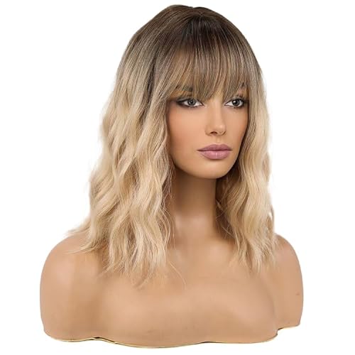 HAIRCUBE Shoulder Length Wig Curly Wavy Hair Wigs Blonde Colour and Dark Roots Wigs for Women with Fringe