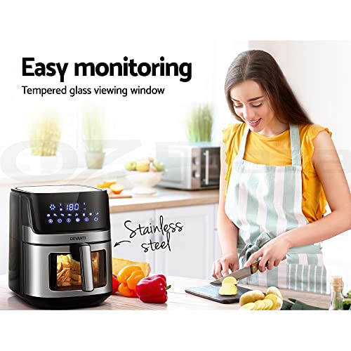 Devanti Air Fryer, 6.5L 1700W Stainless Steel Airfryer Electric Cooker Deep Fryers Rack Silicone Baking Basket Kitchen Oven Household Small Kitchens Appliances, LCD Touch Control Panel