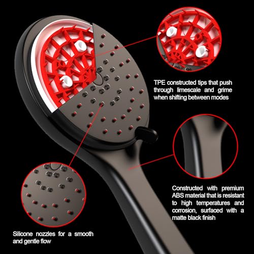 Azure's Premium High Pressure 5-Mode Self Cleaning Handheld Shower Head - Enjoy a Multifunctional Water Saving Hand held System with Descaling Technology - ABS - WELS & Watermark - Matt Black