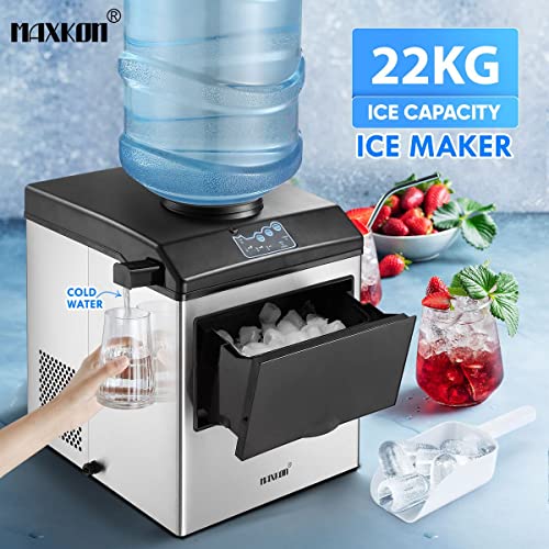 Maxkon 2 in 1 Ice Maker Cold Water Dispenser, 22kg Per Day, Fast Ice Cube Ready in 6-15 Mins,3 Size Bullet Cube Stainless Steel with Extendable Chilled Water Spout Making Machine for Countertop