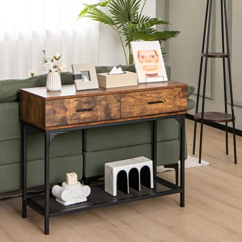 Giantex Industrial Console Table with Drawer, Behind Couch Table for Small Space, Kitchen Buffet Table with Anti-Tipping Kit, Metal Frame Entryway Table for Dining Room Living Room, Rustic Brown