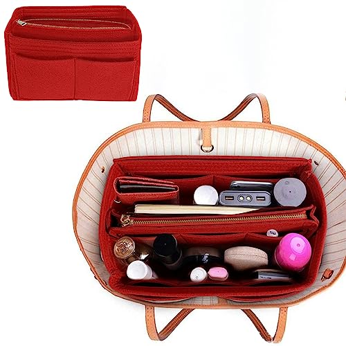 Purse Organizer Insert for Handbags,Detachable Handbag Insert Bag with 13 Pockets,Softened Felt Bag Cosmetic Insert Organizer with Zipper Cosmetic Bags Large Capacity Travel Bag Girl (Red)