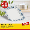 Glad Printed Disposable Paper Plates, 50 Count 10 Inch | Heavy Duty Paper Plates with Beautiful Printed Design, Soak Proof | 50 Count Square Paper Plates | Disposable Plates, Party Paper Plates