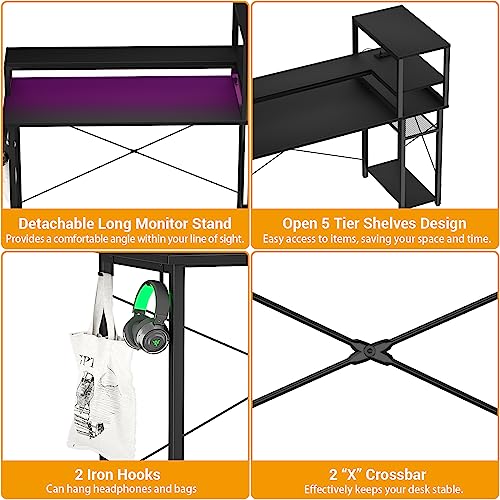 Cyclysio Gaming Desk 47", Computer Desk with Reversible Storage Shelves, Home Office Desk with Power Outlets & RGB Led Lights, Small Desk for Gaming, Studying, Working, Black