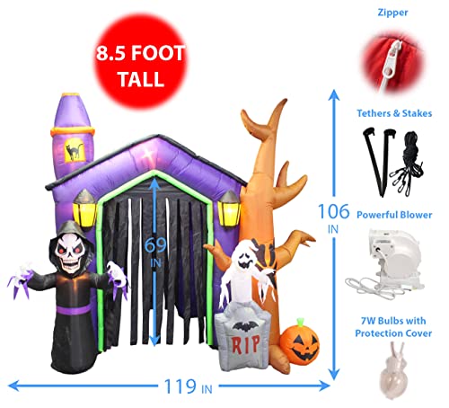 (1, Classic) - 2.6m Halloween Inflatable Haunted House Castle with Skeletons, Ghost and Skulls Yard Decoration