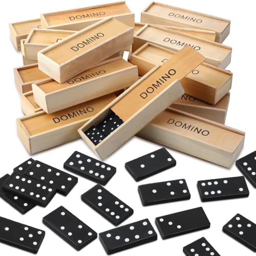 Hungdao 24 Pack Mini Wooden Dominoes Bulk Set Miniature Classic Board Games Wooden Travel Box Educational Toys for Teens and Adults with Brown Wood Case