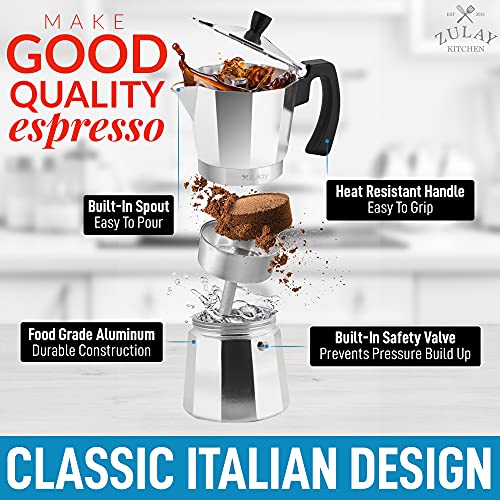 Zulay Classic Stovetop Espresso Maker for Great Flavored Strong Espresso, Classic Italian Style 8 Espresso Cup Moka Pot, Makes Delicious Coffee, Easy to Operate & Quick Cleanup Pot (Silver)