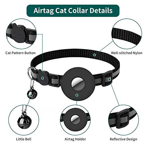 1 Pack Airtag Cat Collar, Reflective Airtag Cat Collar with Bell and Silicone Waterproof Airtag Holder Case Compatible with Apple Airtag, Breakaway Safety Buckle Collar for Cat Kitten Puppy (Black)