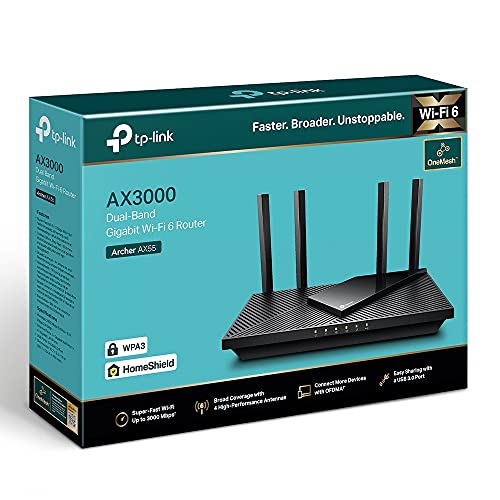 TP-Link AX3000 Dual Band Gigabit Wi-Fi 6 Router, Dual-Band, MU-MIMO, OFDMA, OneMesh Supported, Compatible with Alexa, app Control, Security Services (Archer AX55) AU Version