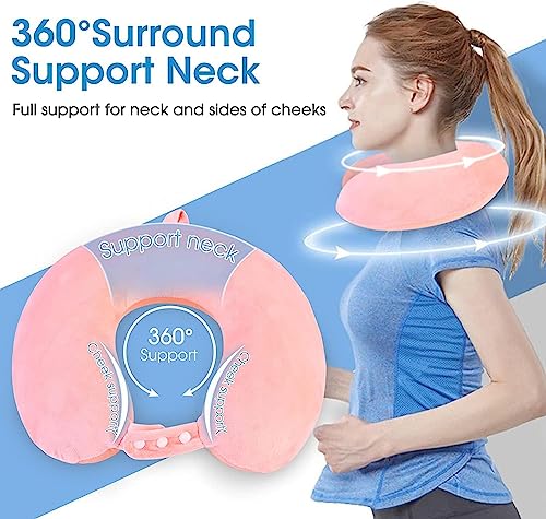 Travel Pillow - 100% Memory Foam Pillow Neck Support Travel Pillow for Neck,360 Degree Comfortable Neck Head Support Pillow for Airplane Cars Office,Flight Travel Cushion - Pink