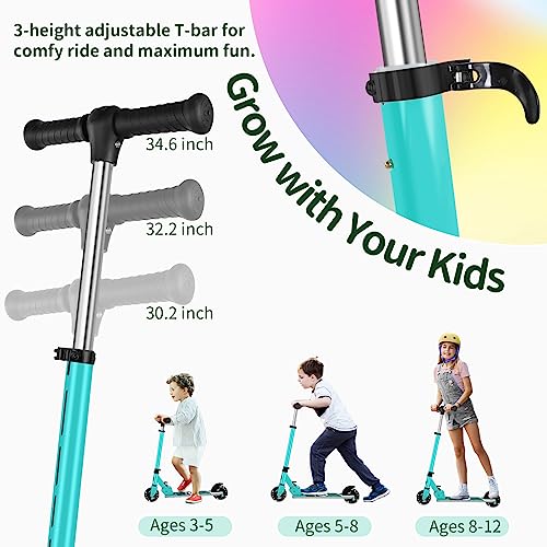 BELEEV Scooters for Kids Ages 3-12 with Light-Up Wheels & Stem & Deck, 2 Wheel Folding Scooter for Girls Boys, 3 Adjustable Height, Non-Slip Pattern Deck, Lightweight Kick Scooter for Children