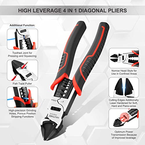 HAUTMEC 8" Wire Cutters,Pro-High Leverage Diagonal Pliers,4 in 1 Multifunction Heavy Duty Side Cutter HT0272-PL