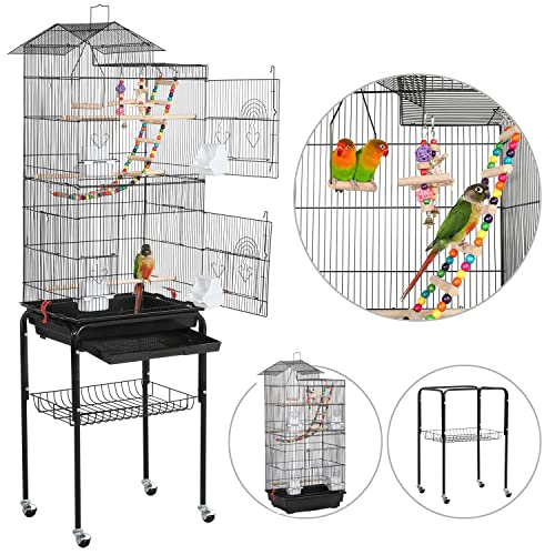 Yaheetech Roof Top Large Flight Parakeet Parrot Bird Cage with Rolling Stand for Parakeets Cockatiels Lovebirds Finches Canaries Budgie Conure Small Parrot Bird Cage Birdcage