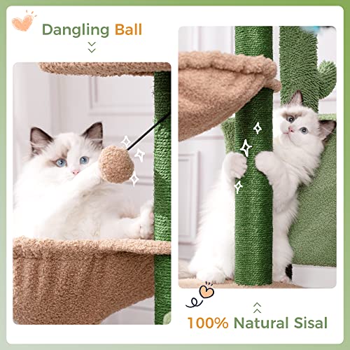 MeowSir Cat Tree Cute Tower Cactus Scratching Post with Large Top Perch Comfy Hammock Private Condo Fully Natural Sisal and Dangling Bell Ball for Indoor Cats- Khaki Green Khaki (YL-MSCT36XRZ10GN-US)