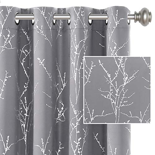 Smarcute Blackout Curtains Foil Print Twig Tree Branch Thermal Insulated Grommet Curtain Drapes Light Blocking Thick Soft Window Curtains for Living 2 Panels Set,Each W132cm x D160cm，Grey