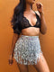 (One Size, Silver) - Women's Summer Beach Wrap Sequins Tassel Mini Skirts Music Festival Hip Scarf Belt Skirt