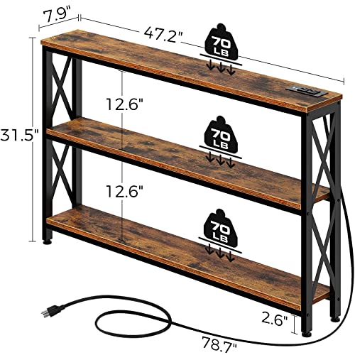 Rolanstar Sofa Table with Charging Station, 3 Tier Narrow Console Storage Shelf and Power Outlet, 47” Entryway Metal Frame Behind Couch Hallway Entrance for Living Room