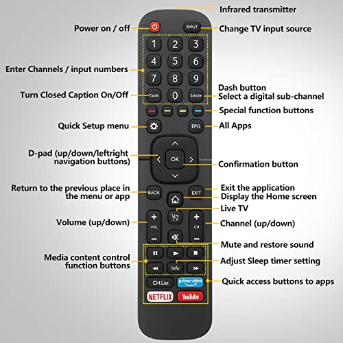 Universal Remote Control for Hisense LED Smart TVs, with Netflix, Prime Video, YouTube Buttons