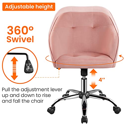 Yaheetech Velvet Desk Chair, Makeup Vanity Chair with Adjustable Tilt Angle, Modern Swivel Office Chair Upholstered Armchair Study Chair for Living Room and Makeup Room Pink