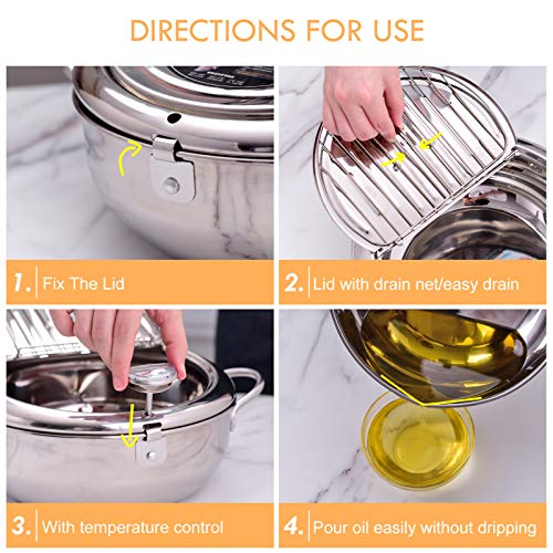 cuomaop Deep Fryer Pot,304 Stainless Steel with Temperature Control and Lid Japanese Style Tempura Fryer Pan Uncoated Fryer Diameter: 11 inch