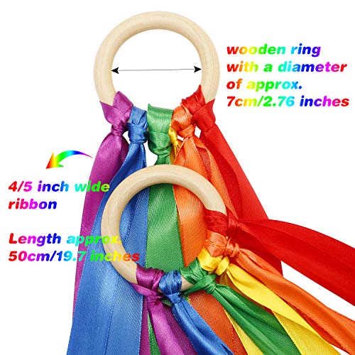 3 Pieces Rainbow Hand Kite Ribbon Runner Wrist Ribbons, Ribbon Wind Wand Dancing Ribbon Streamer with Wood Ring Learning Educational Sensory Toys for Birthday Party Favors