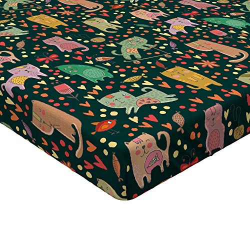 Ambesonne Cats Fitted Sheet, Design of Nocturnal Theme Happy Cats and Fishes on Kittens Tummy, Soft Decorative Fabric Bedding All-Round Elastic Pocket, Twin Size, Black Orange
