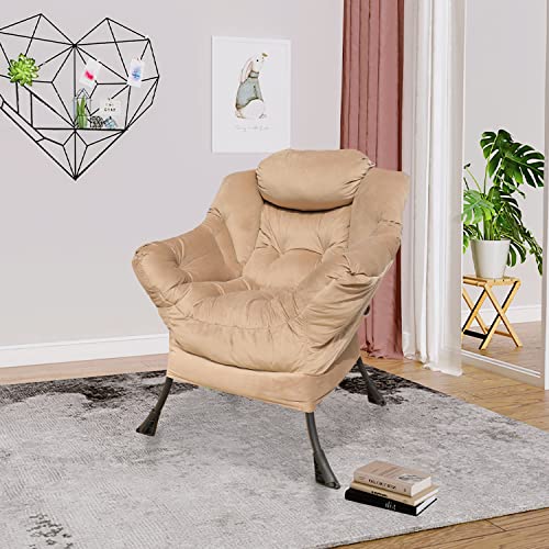 GOLDSUN Velvet Fabric Accent Chair Lazy Reclining Armchair with Removable Metal Legs and a Side Pocket, Comfy Upholstered Single Leisure Sofa Chair for Living Room, Bedroom, Office (Beige)