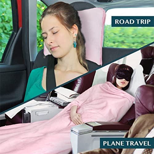 PAVILIA Travel Blanket and Pillow Set, Airplane Blanket Compact 2-in-1 Soft Bag, Travel Essentials for Adult Flight, Portable Throw with Arm Hole, Plane Car Traveling Gift Accessories, Pink