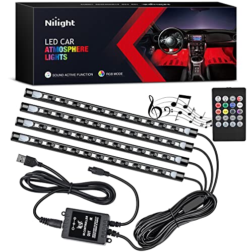 Nilight 4PCS 48 LEDs USB Interior Lights DC 5V Multicolor Music Car Strip Light Under Dash Lighting Kit with Sound Active Function and Wireless Remote Control (TR-12)