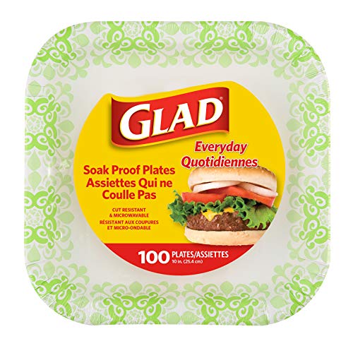 Glad Square Disposable Paper Plates for All Occasions | Soak Proof, Cut Proof, Microwaveable Heavy Duty Disposable Plates | 10" Diameter, 100 Count Bulk Paper Plates