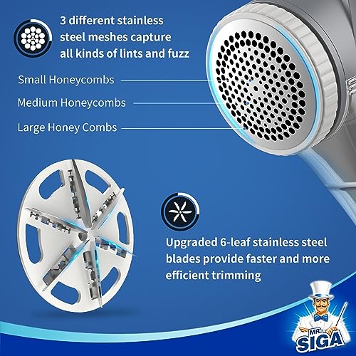 MR.SIGA Fabric Shaver and Lint Remover, Battery Operated Portable Lint Shaver with LED Lights, 2 Replaceable 6-Leaf Blades, Cream/Gray