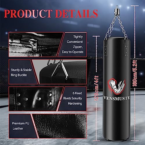 Vensmuste Punching Bag for Adults, 4FT PU Heavy Boxing Bag Set, Heavy Punching Bag with 12OZ Gloves for MMA Karate Kickboxing Boxing Muay Thai Training at Home or Gym - Unfilled Heavy Bag