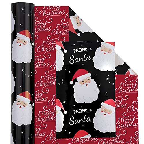 WRAPAHOLIC Reversible Christmas Wrapping Paper - Mini Roll - 17 Inch X 33 Feet - Black Jolly Santa Claus, Red Merry Christmas Script Design with Metallic Foil Shine for Holiday, Party