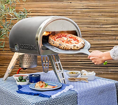 ROCCBOX Gozney Portable Outdoor Pizza Oven - Includes Professional Grade Peel, Built-In Thermometer and Safe Touch Silicone Jacket Propane Gas Fired, With Rolling Wood Flame Grey (RBX1GREYDE)
