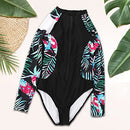 AUTOWT Women's One Piece Swimsuits, Rash Guard Long Sleeves Zipper Bathing Suit, Sport Surfing Swimwear for Women (Pink Flowers and Green Leaves, Black and White Leaves, Blue Leaves)