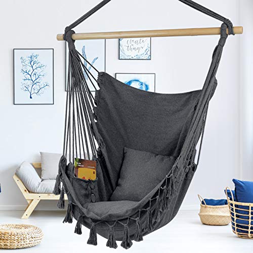 WBHome Extra Large Hammock Chair Swing with Hardware Kit, Hanging Macrame Chair Cotton Canvas, Include Carry Bag & Two Soft Seat Cushions, for Bedroom Indoor Outdoor, Max. Weight 330 Lbs (Grey)