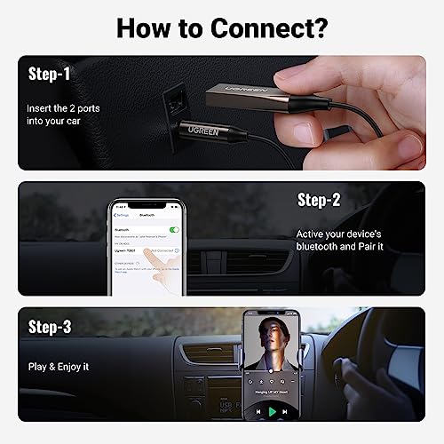 UGREEN Aux to Bluetooth 5.3 Adapter 3.5mm Bluetooth Receiver for Car USB 2.0 to 3.5mm Jack Kit with Built-in Microphone Aux Input for Hands-Free Calls Compatible with Car Speaker and Home Audio